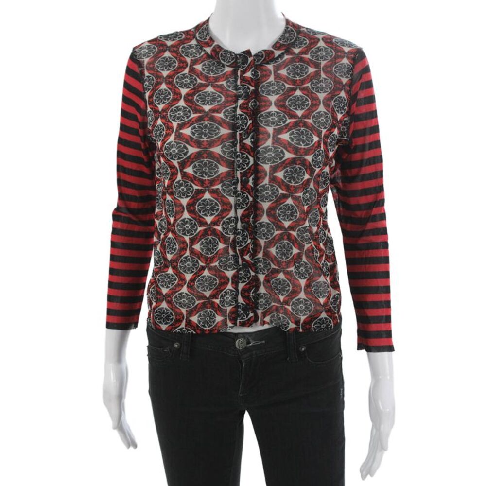 Petit Pois Women Cardigan Floral Multicolor Collared Button Long Sleeve Size M